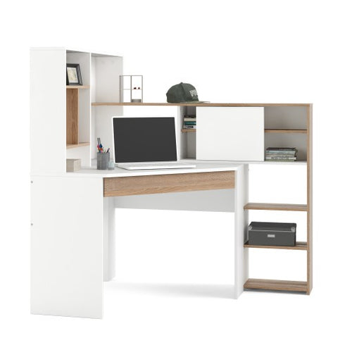 Function Plus Corner Desk with multi-functional unit In White and Oak